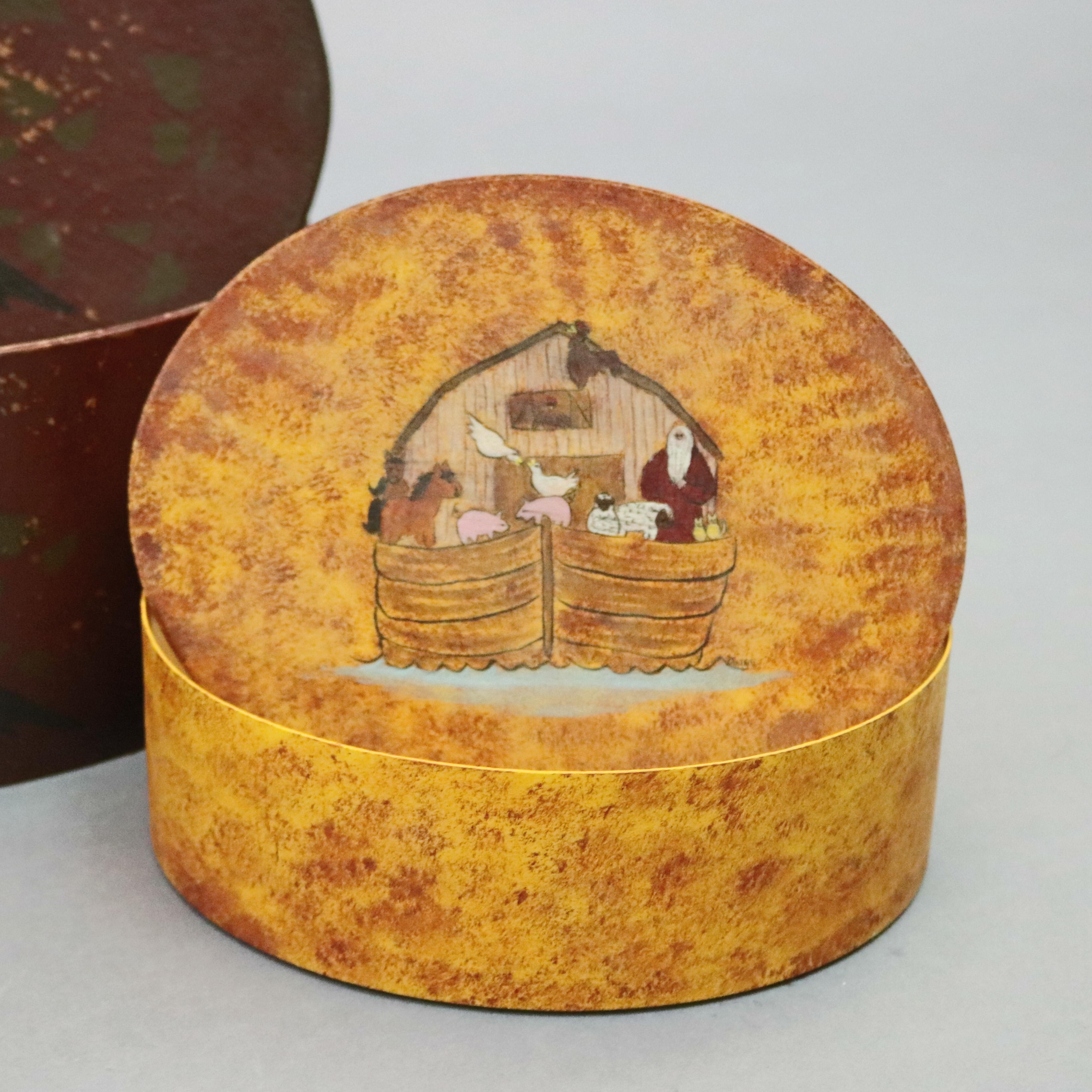 Three Folk Art Paint Decorated Graduated Oval Lesher School Shaker Boxes In Good Condition In Big Flats, NY