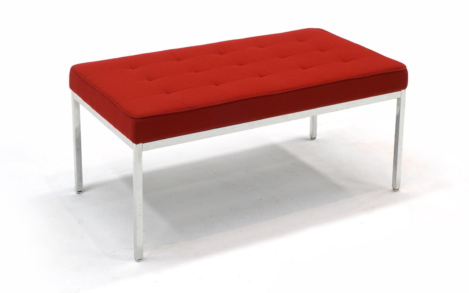 Mid-Century Modern Three Foot Bench by Florence Knoll, Red Knoll Fabric, Chrome Frame, Signed