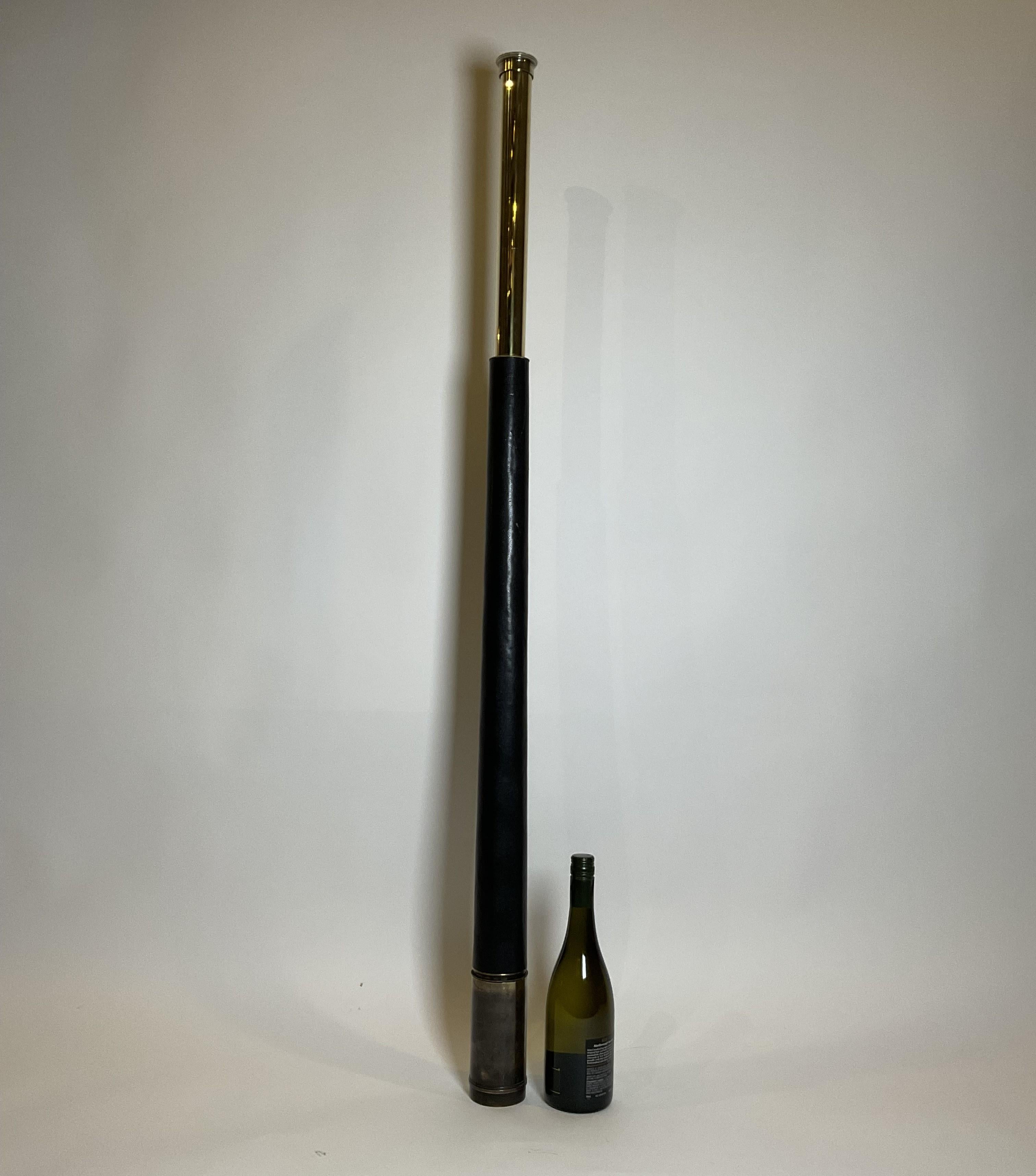 Antique telescope from Negretti and Zambra of London. The exceptionally long barrel is three feet closed and fifty two inches open. Black cover. Great optics.

Weight: 5 lbs.
Overall Dimensions: 51