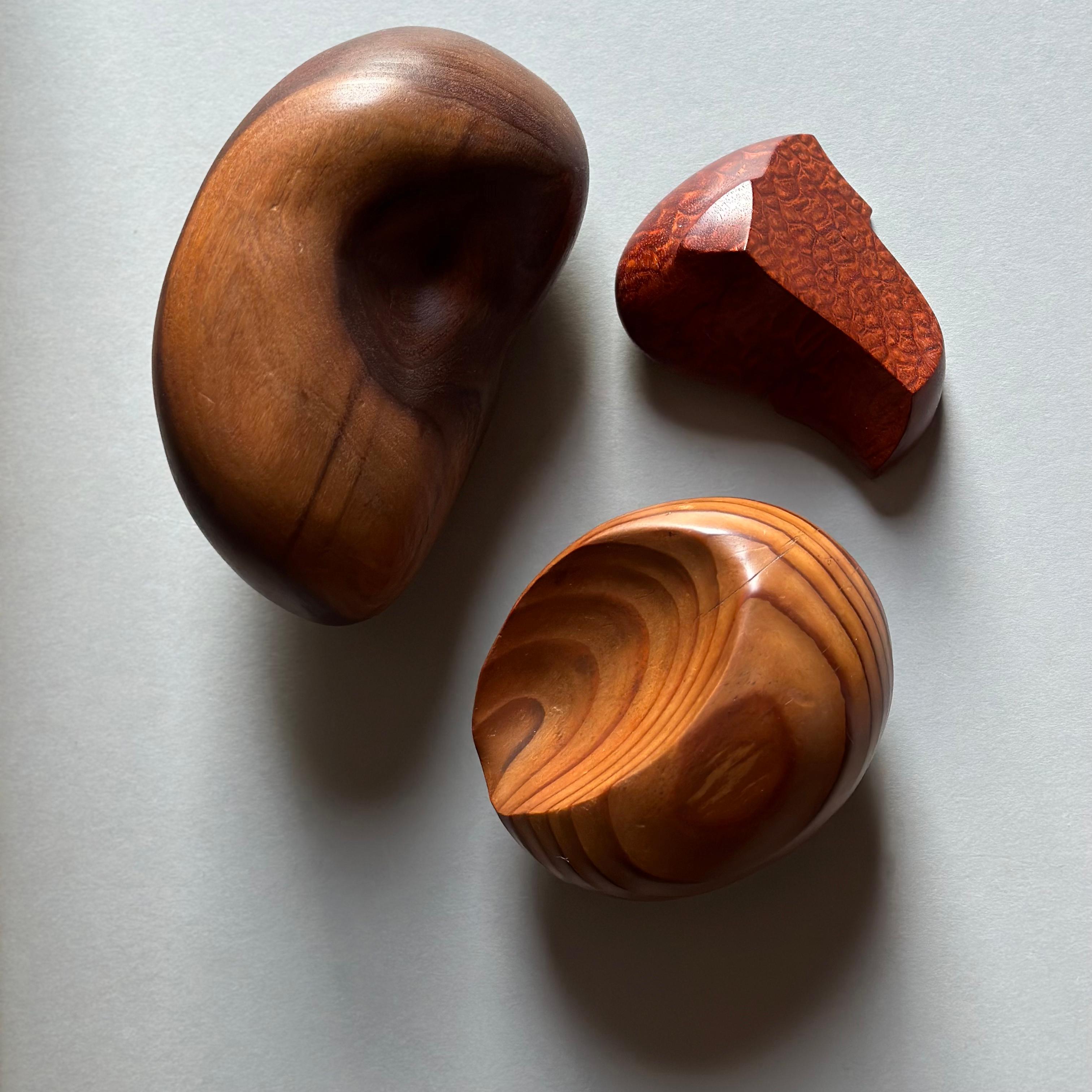 Three form study sculptures in American walnut and pine, both anonymous, mid 20th century, and Laotian afzelia xylay by master woodworker, Norm Sartorius, early 21st century.

walnut: 3.75 h x 7 w x 4 d
pine: 3 h x 5 w x 4.5 d
afzelia: 2.5 h x 4.25