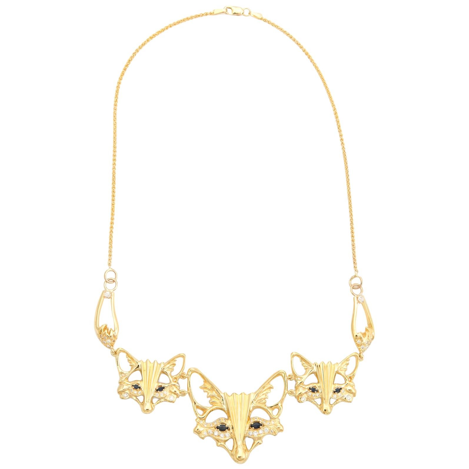 Three Foxes Necklace Diamond Sapphire Vintage 14 Karat Gold Animal Jewelry For Sale