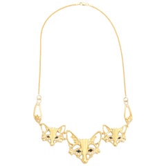 Three Foxes Necklace Diamond Sapphire Vintage 14 Karat Gold Animal Jewelry