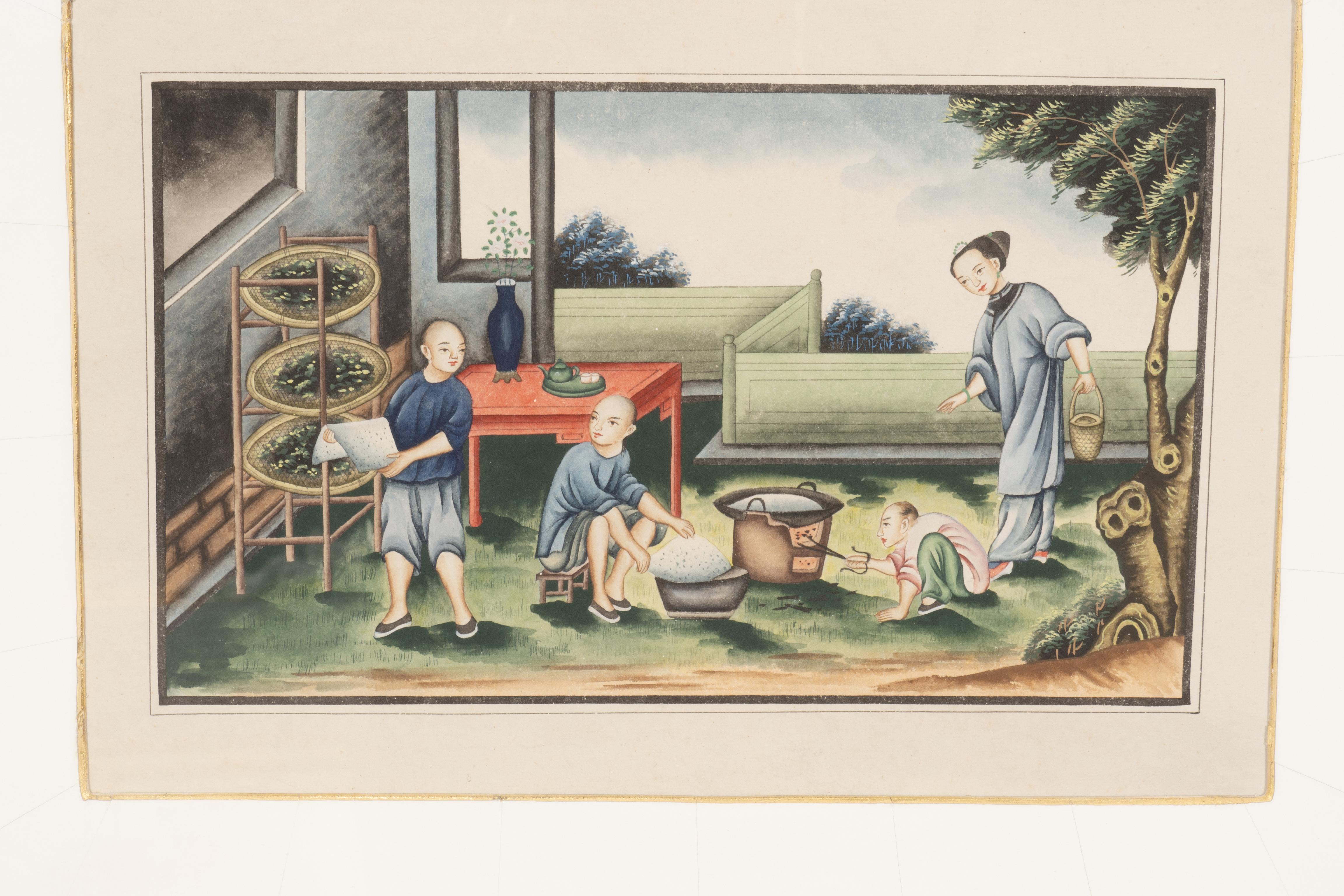 Bois doré Aquarelles d'exportation chinoise encadrées en vente