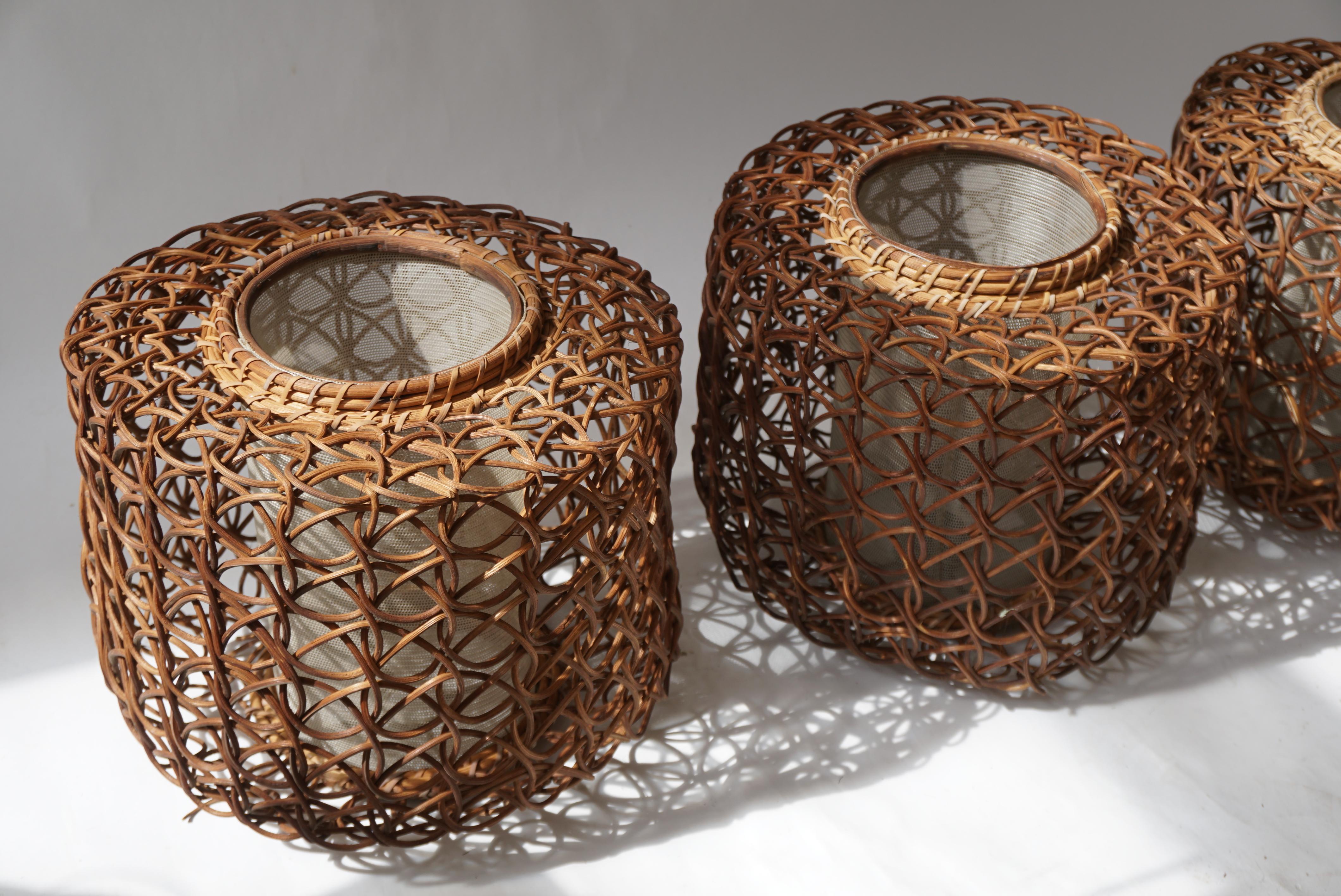 Three French 1950s Vintage Rattan Pendant Light For Sale 5