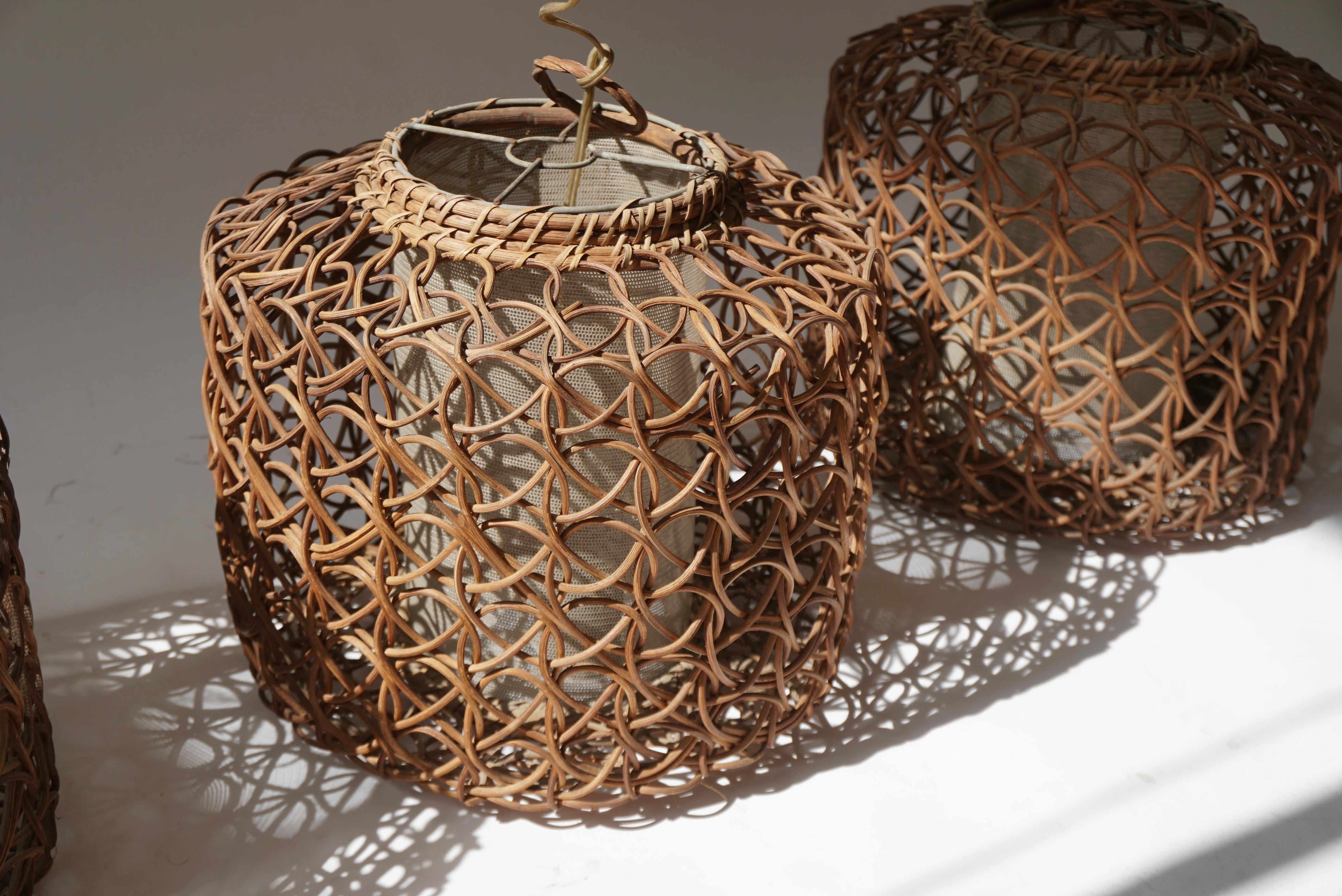 Three French 1950s Vintage Rattan Pendant Light For Sale 7