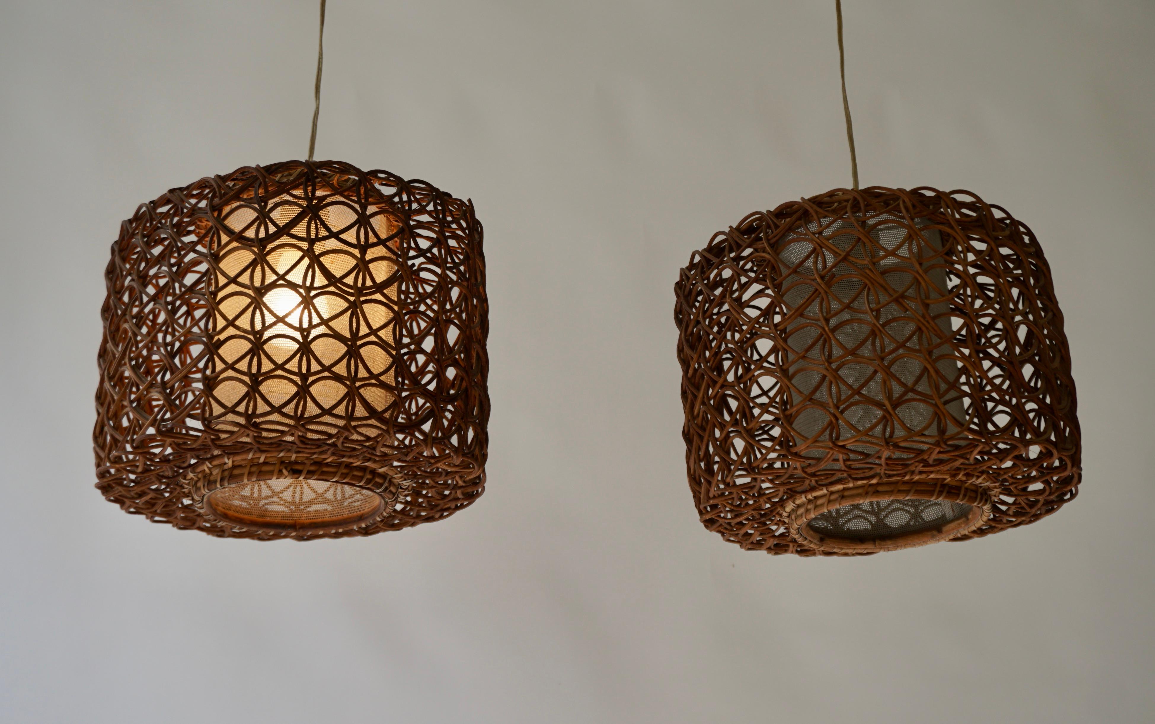 Hollywood Regency Three French 1950s Vintage Rattan Pendant Light For Sale