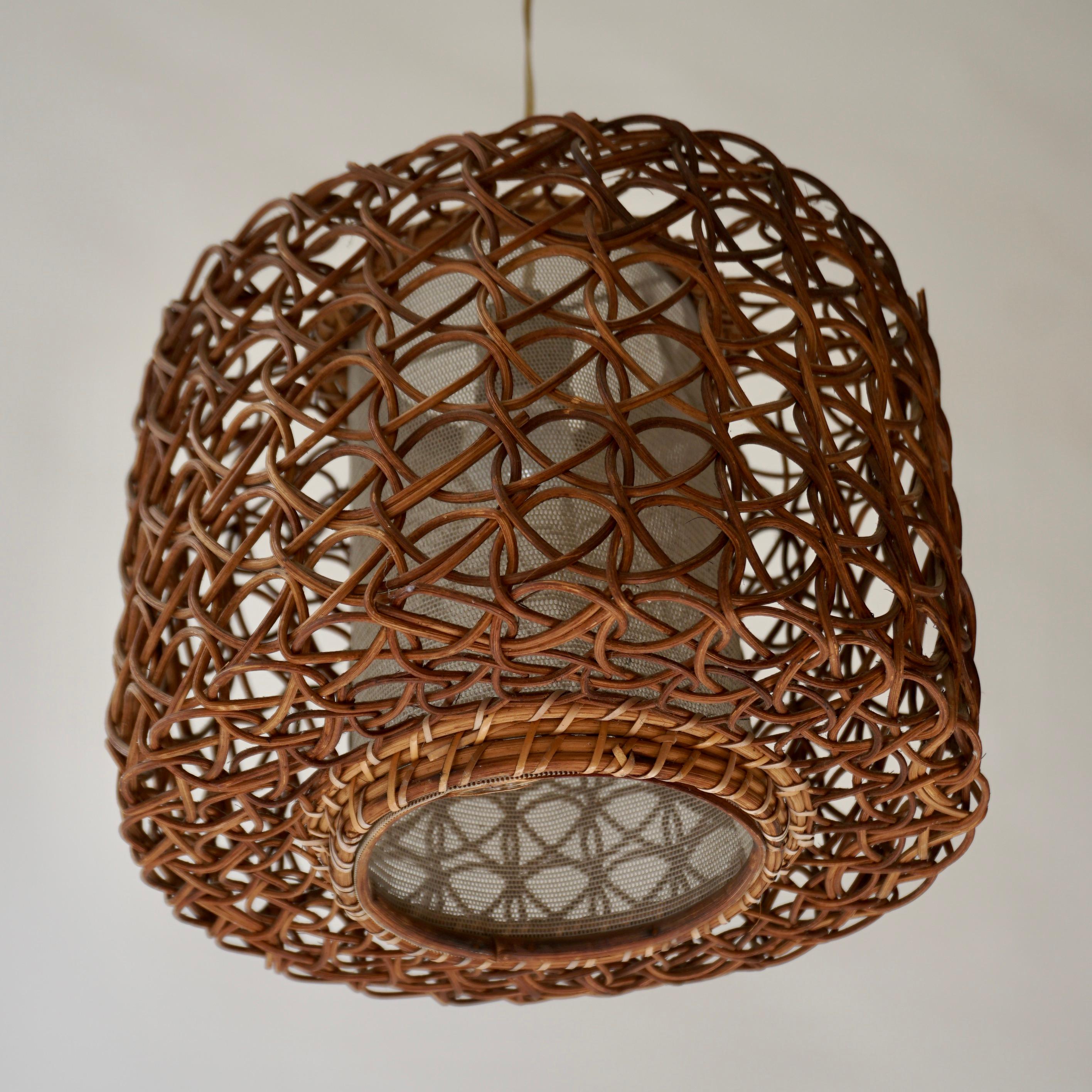 Three French 1950s Vintage Rattan Pendant Light For Sale 1