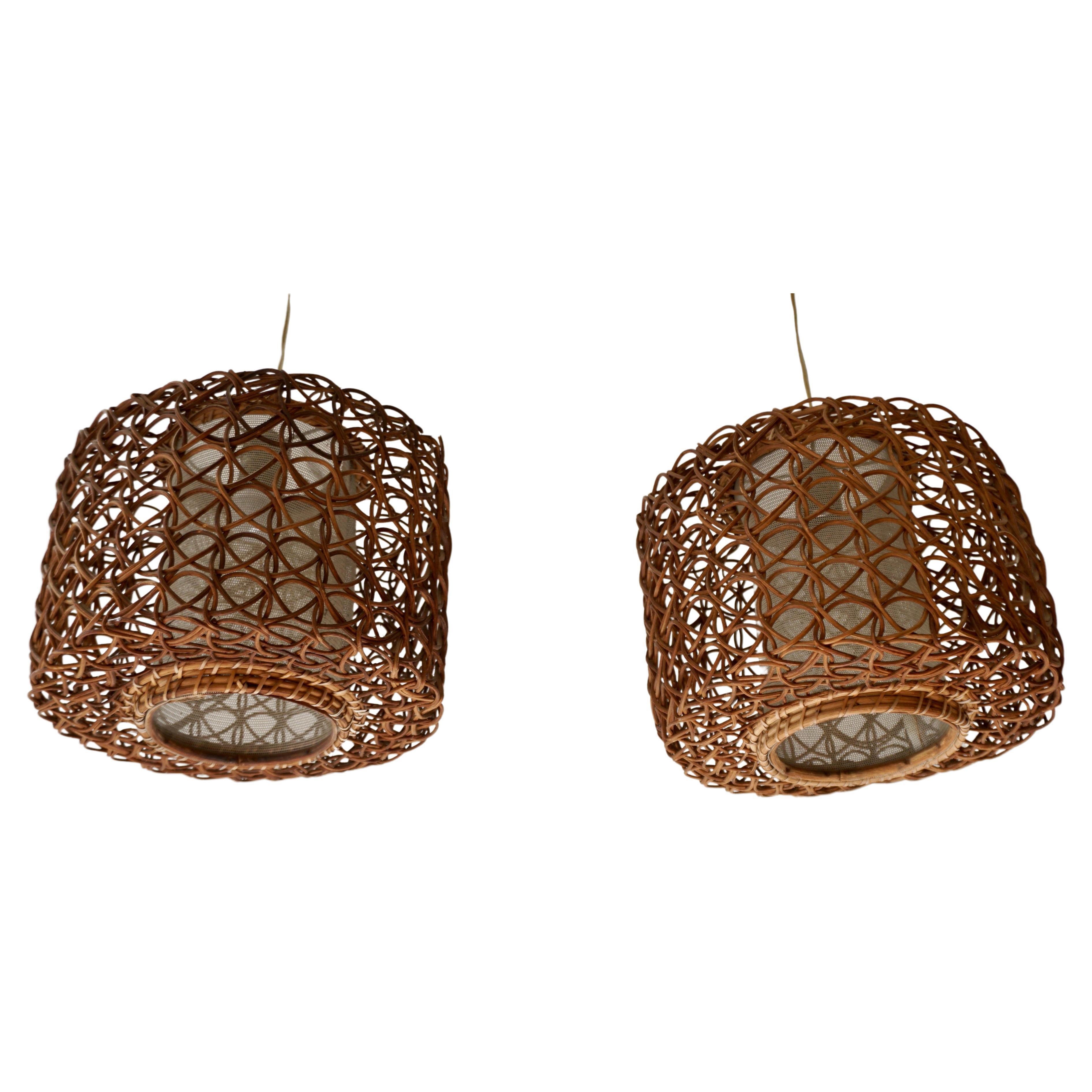 Three French 1950s Vintage Rattan Pendant Light For Sale