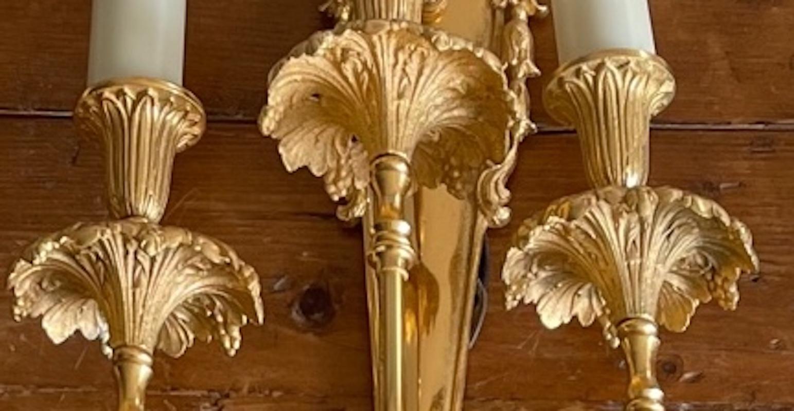 Three French 19th Century Louis XVI Style Gold Plated Bronze 3 Light Sconces For Sale 8