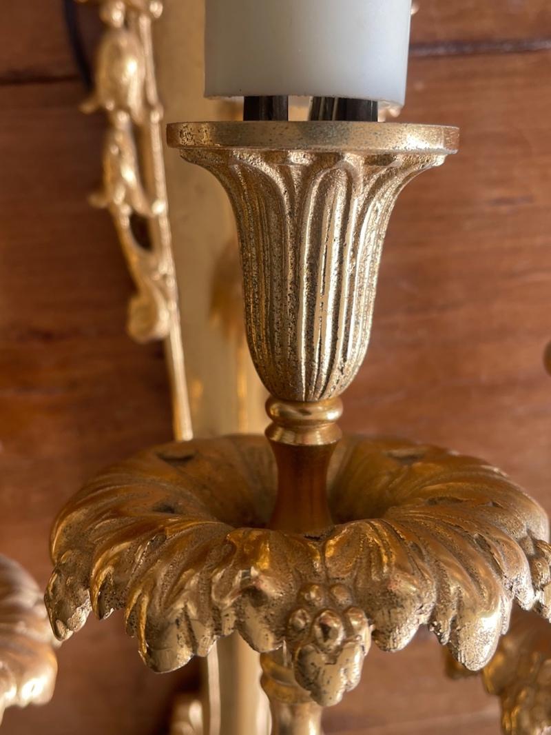 Three French 19th Century Louis XVI Style Gold Plated Bronze 3 Light Sconces For Sale 9