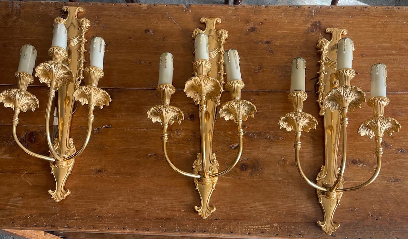 Three French 19th Century Louis XVI Style Gold Plated Bronze 3 Light Sconces For Sale 11