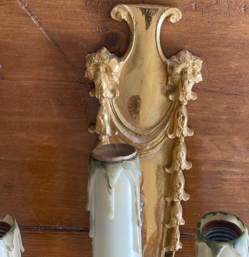Three French 19th Century Louis XVI Style Gold Plated Bronze 3 Light Sconces For Sale 13