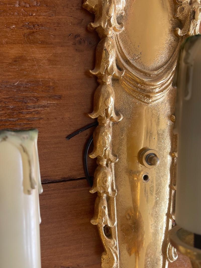 Three French 19th Century Louis XVI Style Gold Plated Bronze 3 Light Sconces For Sale 14