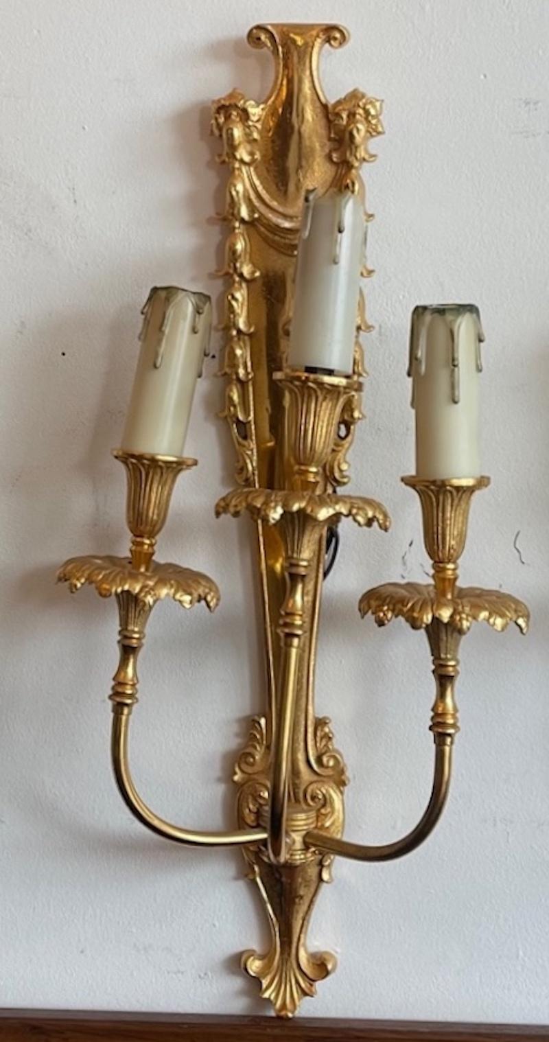 Three French 19th Century Louis XVI Style Gold Plated Bronze 3 Light Sconces In Distressed Condition For Sale In Santa Monica, CA