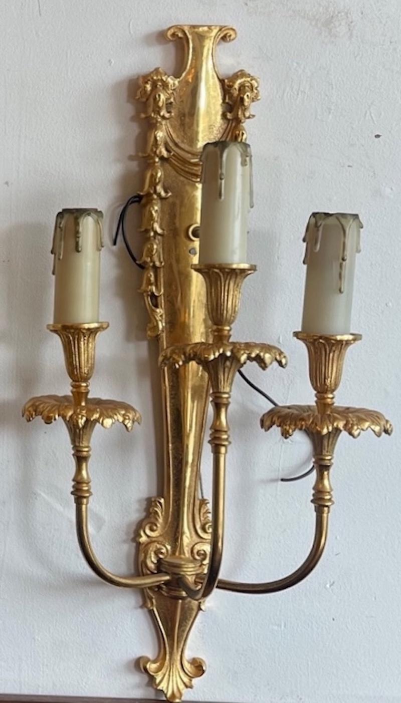 Three French 19th Century Louis XVI Style Gold Plated Bronze 3 Light Sconces For Sale 1