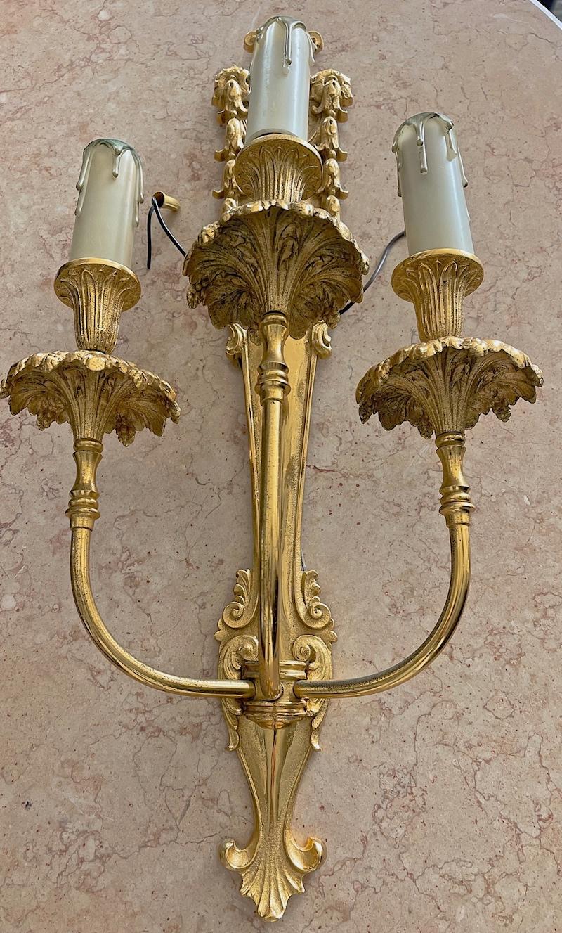 Three French 19th Century Louis XVI Style Gold Plated Bronze 3 Light Sconces For Sale 2