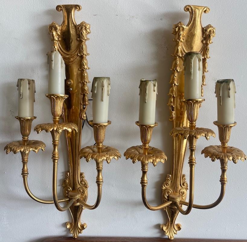 Three French 19th Century Louis XVI Style Gold Plated Bronze 3 Light Sconces For Sale 4