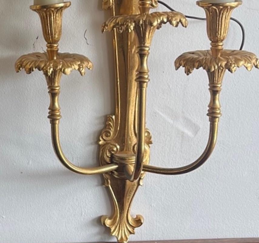 Three French 19th Century Louis XVI Style Gold Plated Bronze 3 Light Sconces For Sale 5