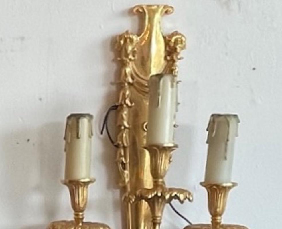 Three French 19th Century Louis XVI Style Gold Plated Bronze 3 Light Sconces For Sale 6