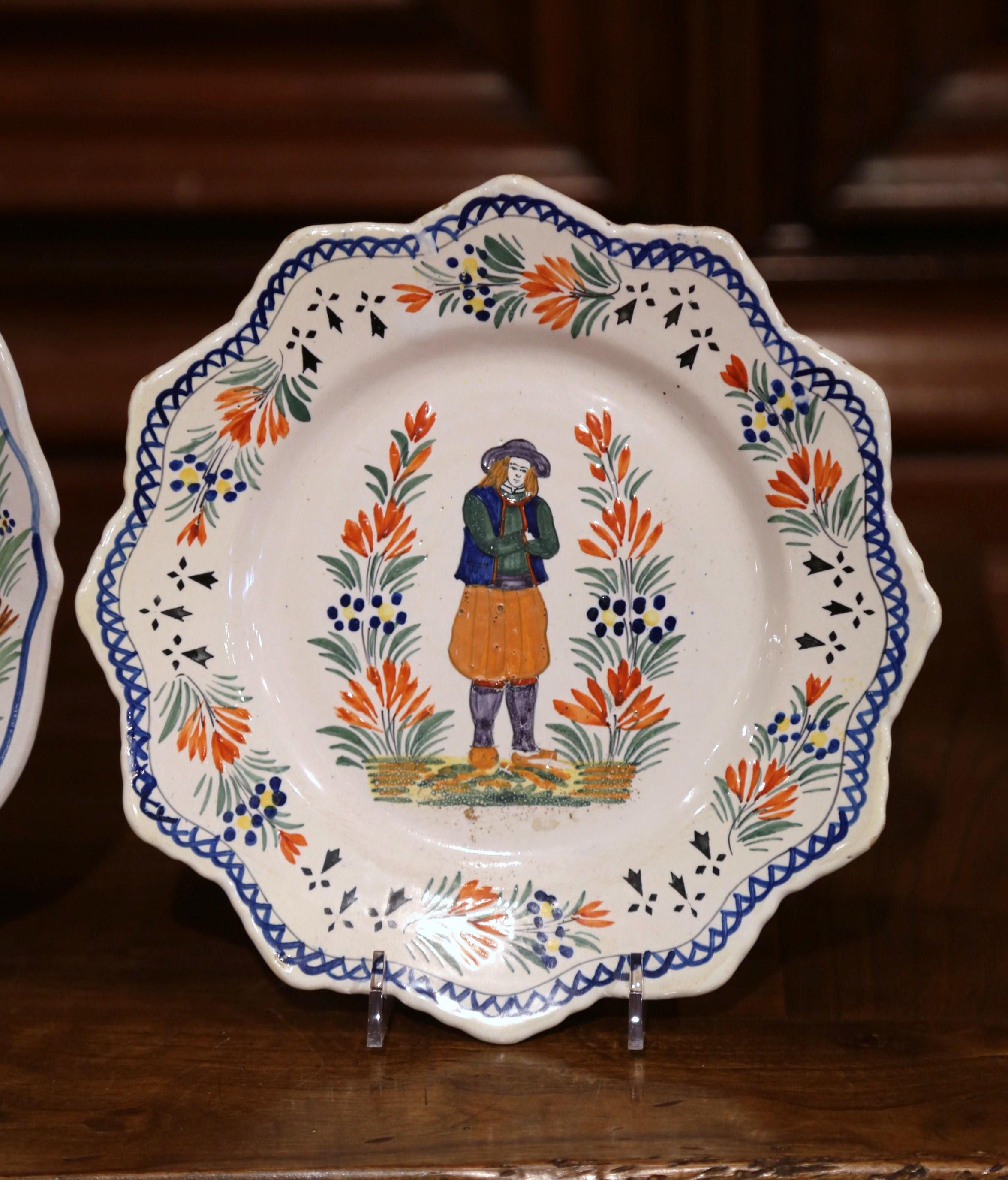 Hand-Painted Three French Antique Hand Painted Faience Plates from Henriot Quimper