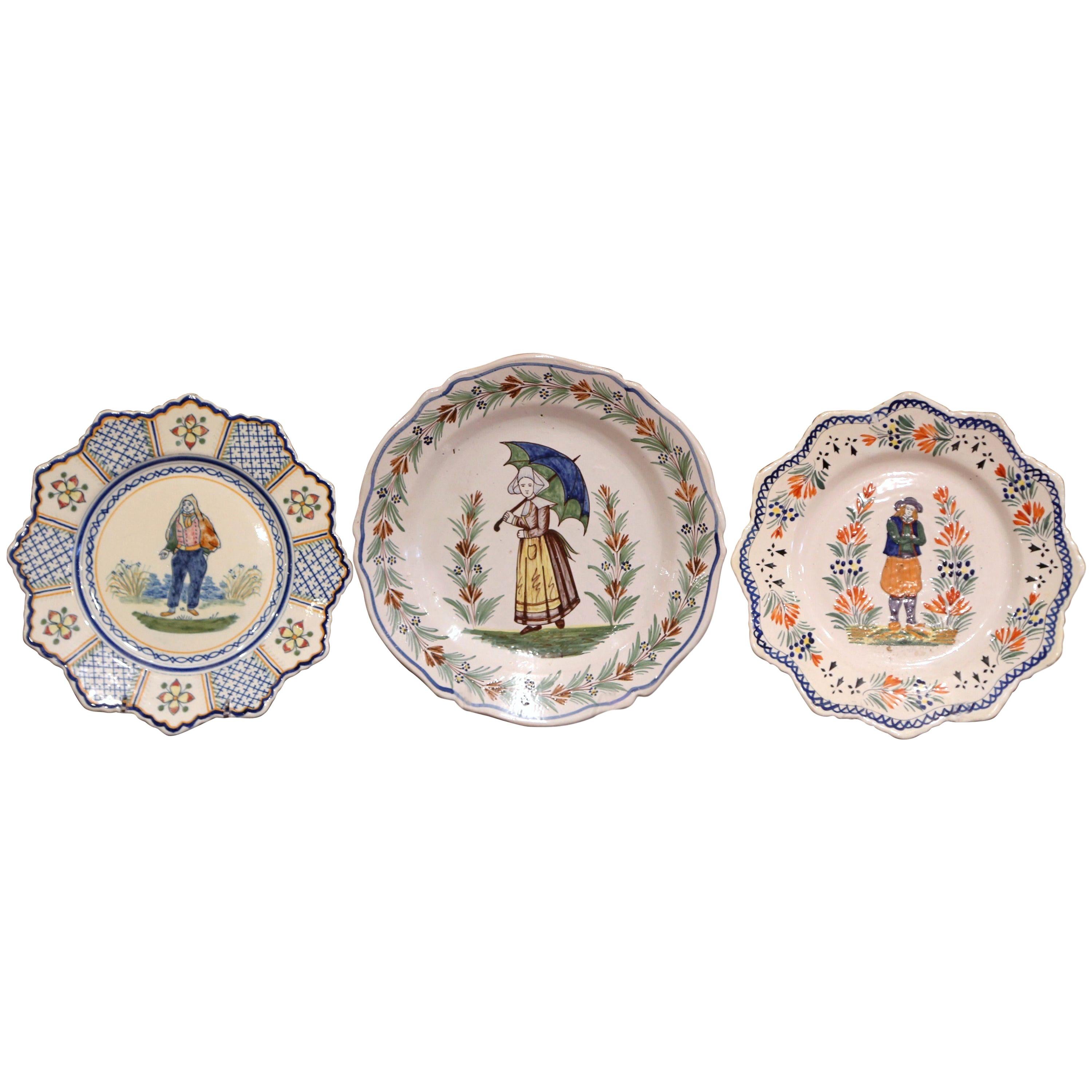 Three French Antique Hand Painted Faience Plates from Henriot Quimper