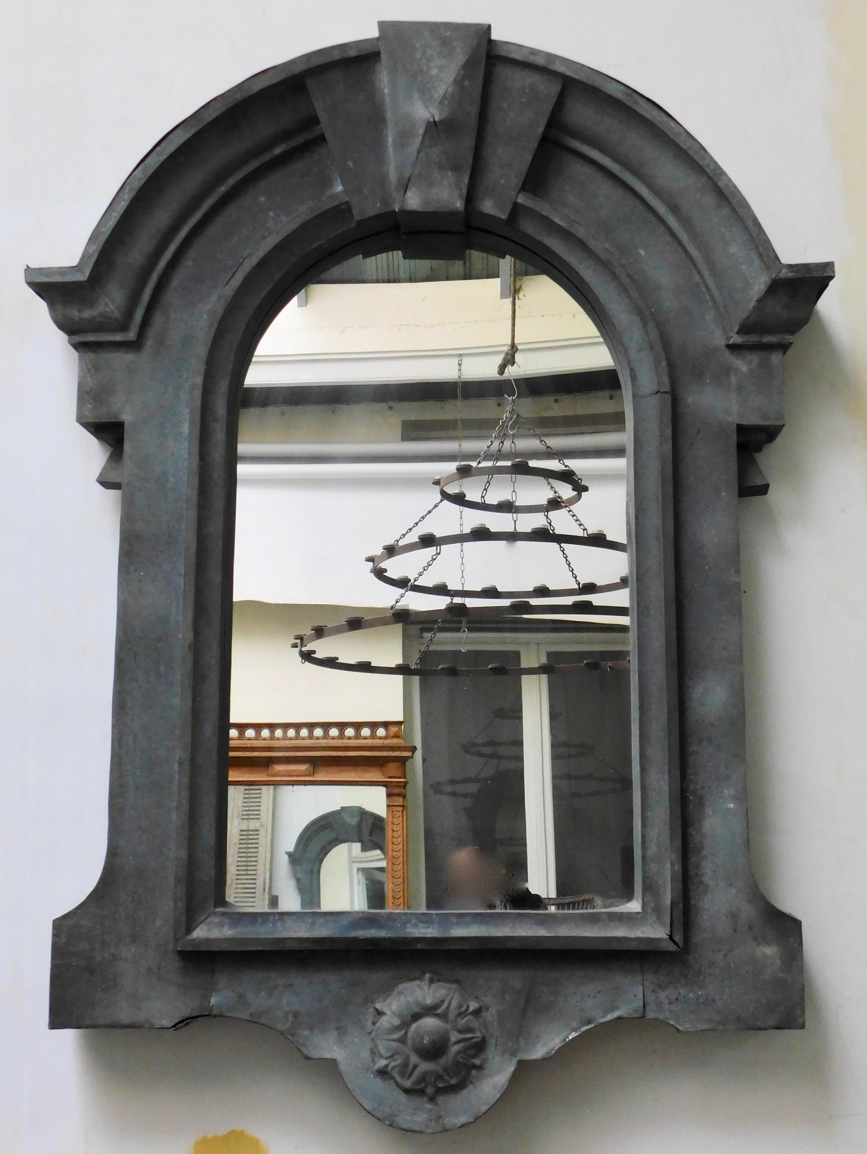 A rare and extraordinary group of three very large architectural roof dormers handmade of zinc and affixed with mirrors.
Fantastic to use outdoors on the wall of a garden or indoors on a large wall.
Originally used as roof windows 