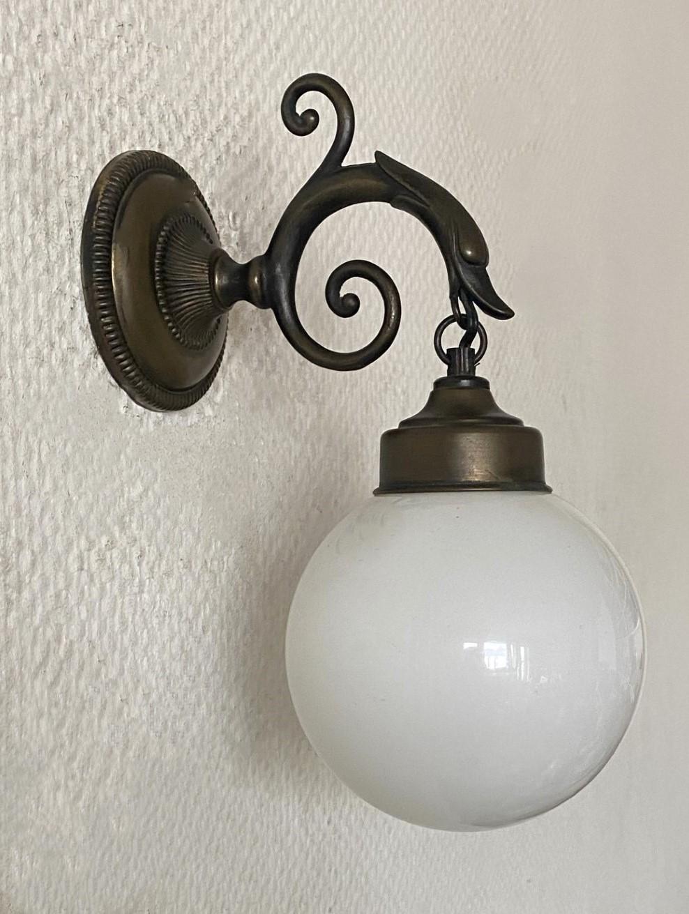 Mid-20th Century Three French Art Deco Brass Bird Opaline Glass Wall Sconces Indoor or Outdoor 