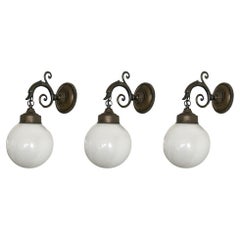 Three French Art Deco Brass Bird Opaline Glass Wall Sconces Indoor or Outdoor 