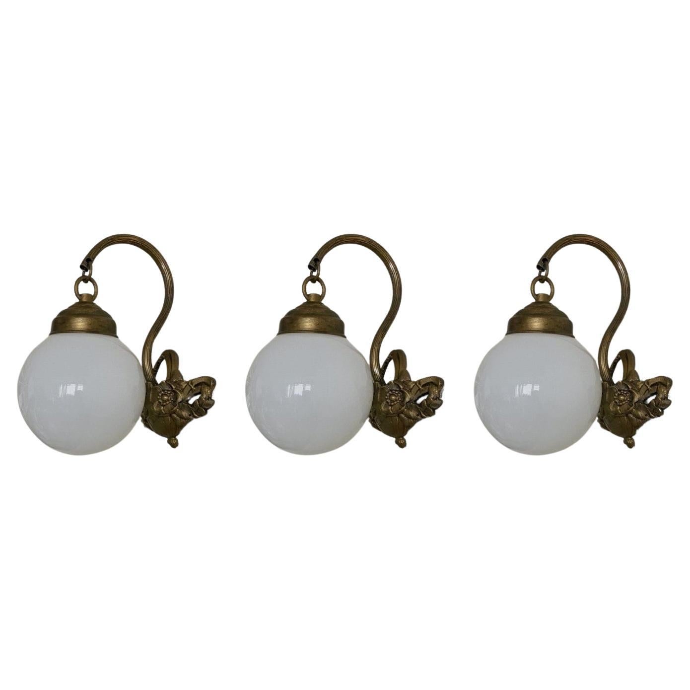 Three French Art Deco Brass Opaline Glass Wall Sconces, 1930s