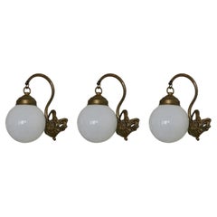 Vintage Three French Art Deco Brass Opaline Glass Wall Sconces, 1930s