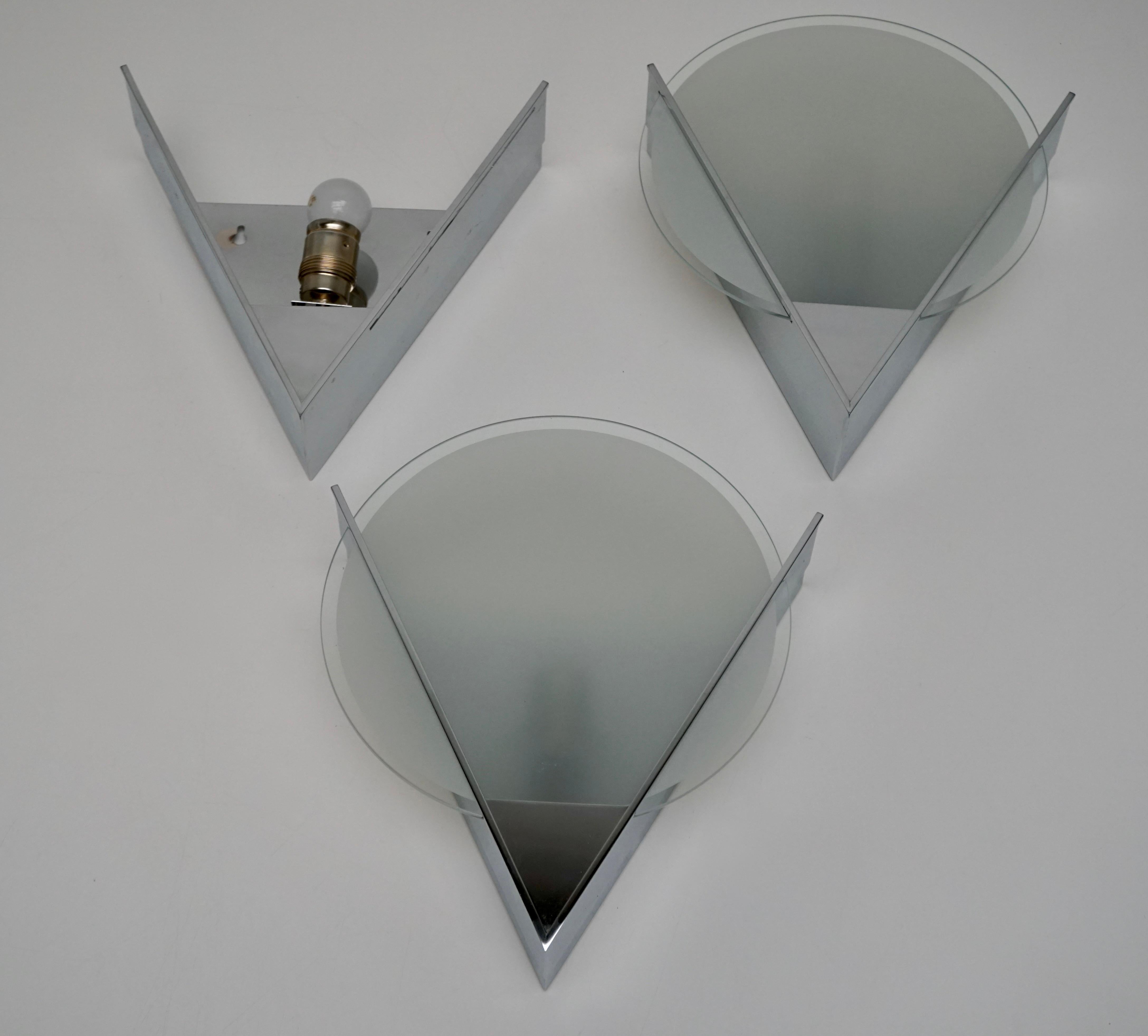 Three French Art Deco Chrome and Frosted Glass Sconces For Sale 1