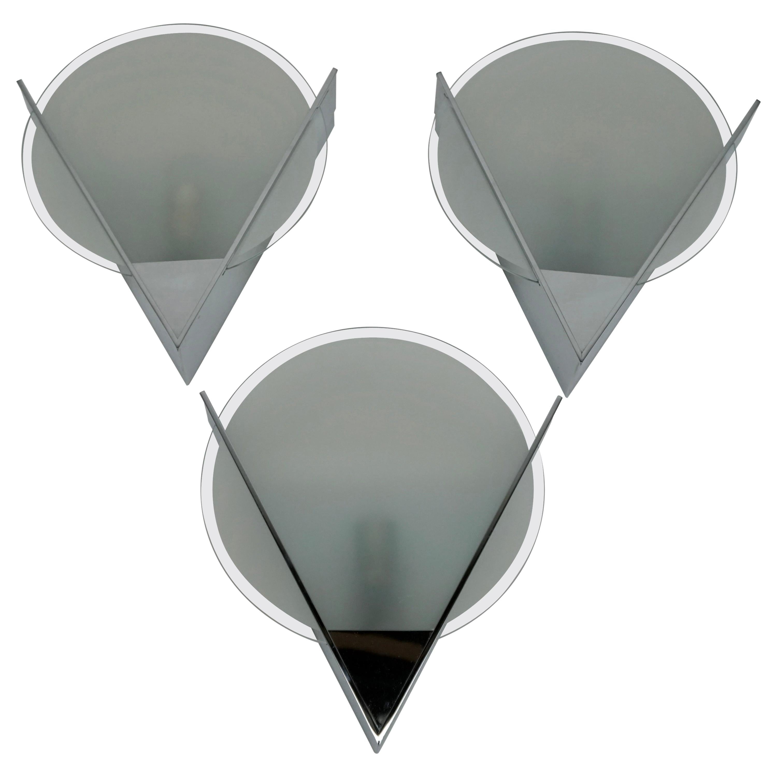 Three French Art Deco Chrome and Frosted Glass Sconces For Sale