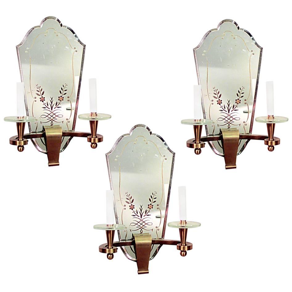 3 French Art Deco Ormolu and Etched Mirror Wall Sconces For Sale
