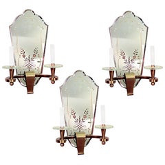 3 lampade da parete francesi Art Deco con ormolatura e specchio inciso