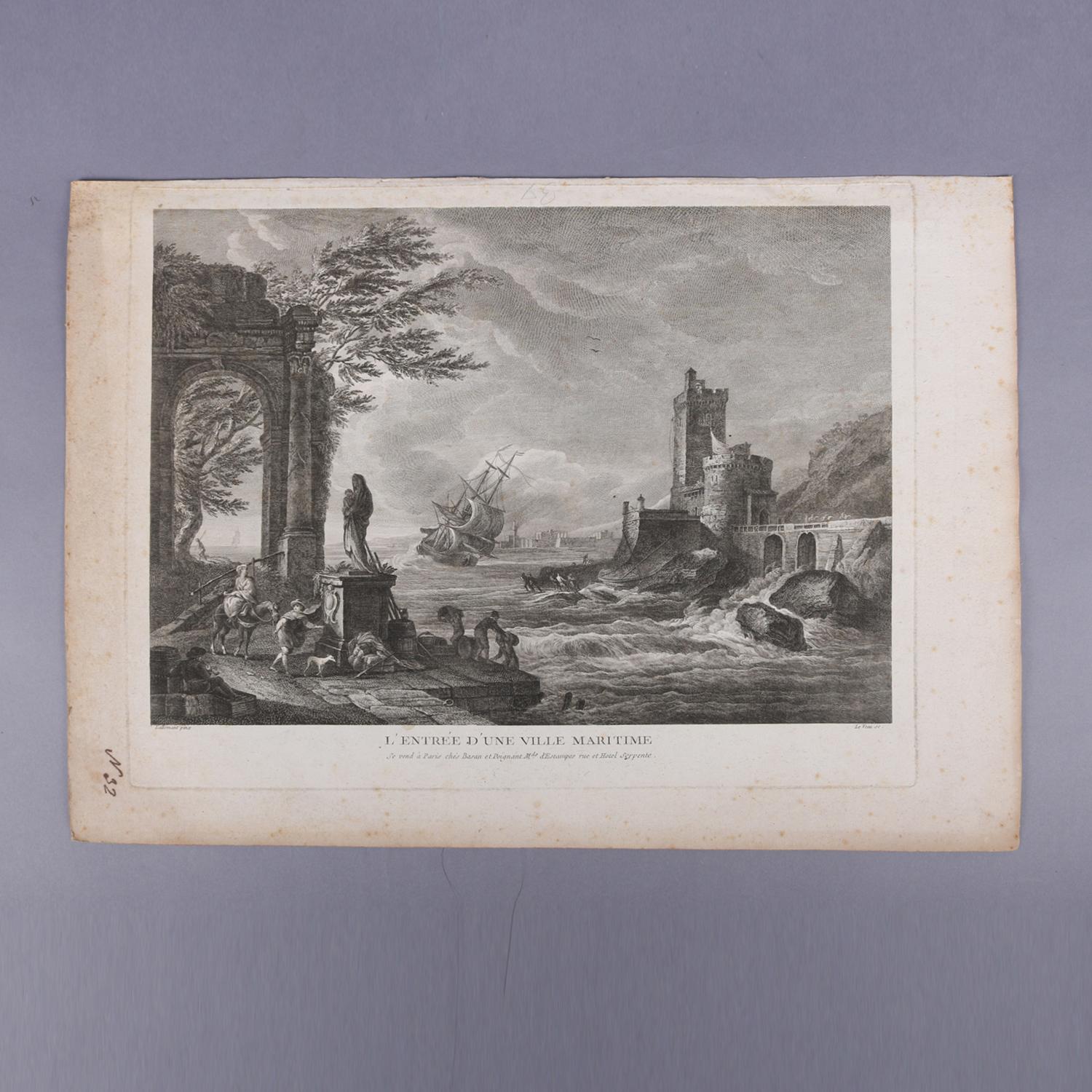 Three French Empire Maritime Etchings of Ships and Workers in Village Harbour For Sale 4