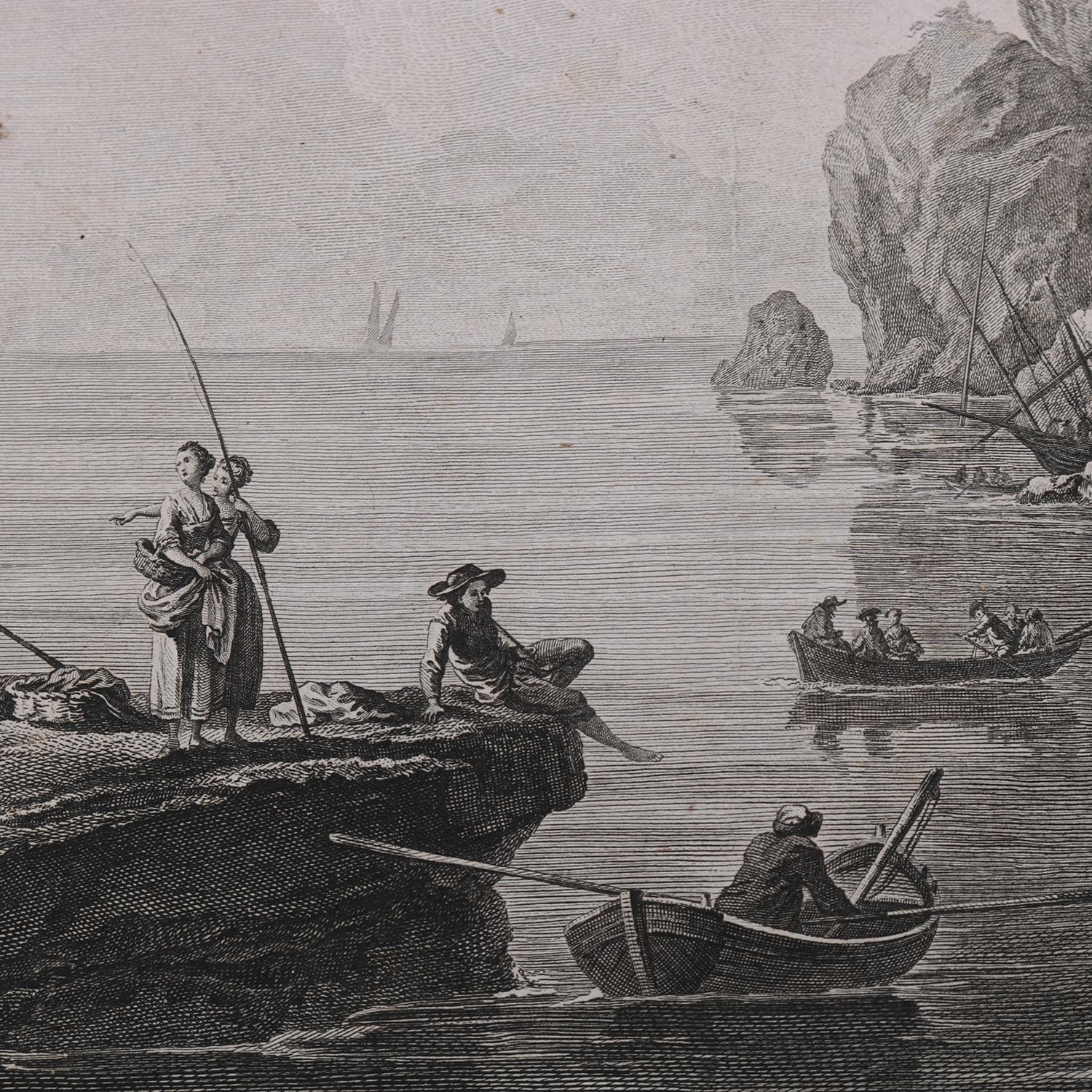 Paper Three French Empire Maritime Etchings of Ships and Workers in Village Harbour For Sale