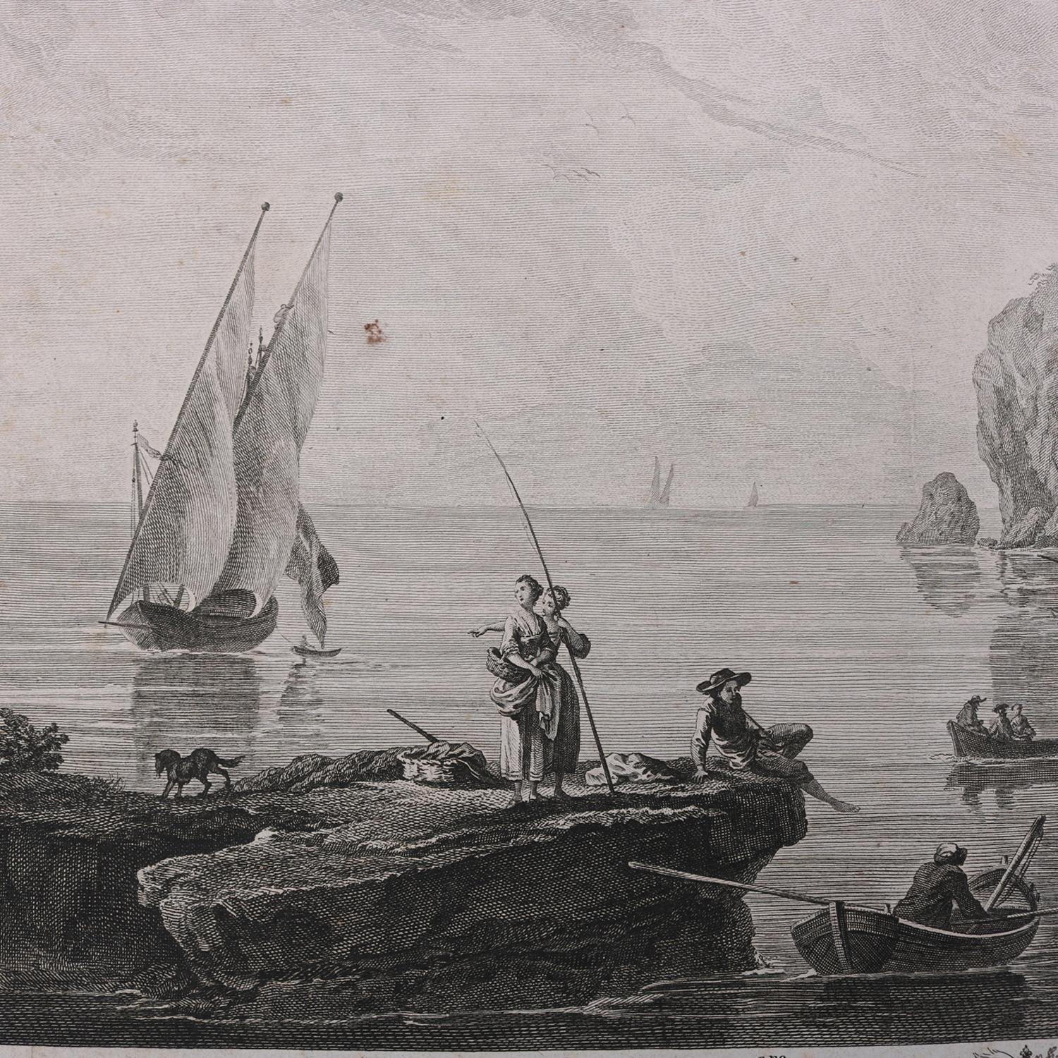 Three French Empire Maritime Etchings of Ships and Workers in Village Harbour For Sale 1