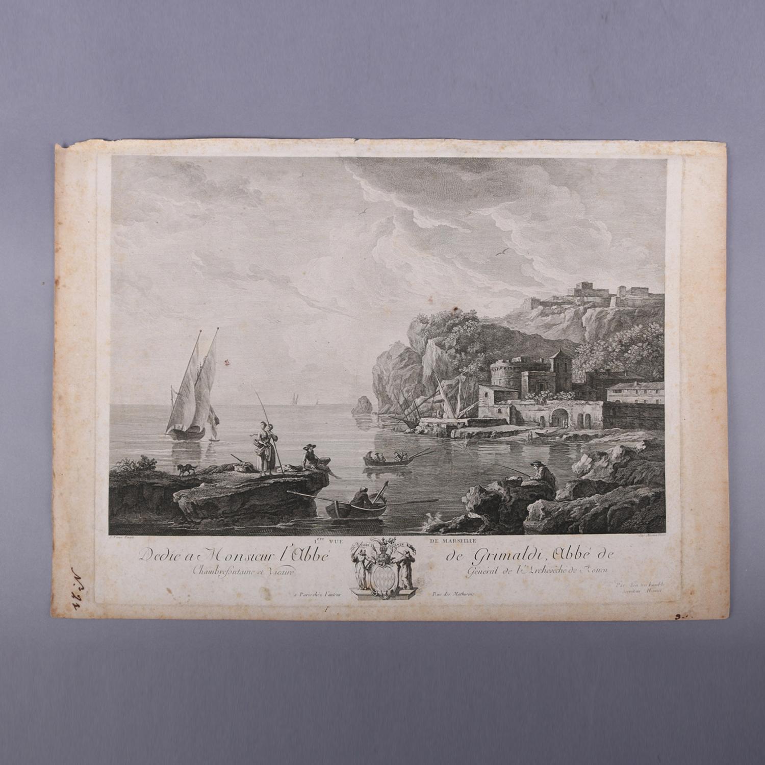 Three French Empire Maritime Etchings of Ships and Workers in Village Harbour For Sale 3