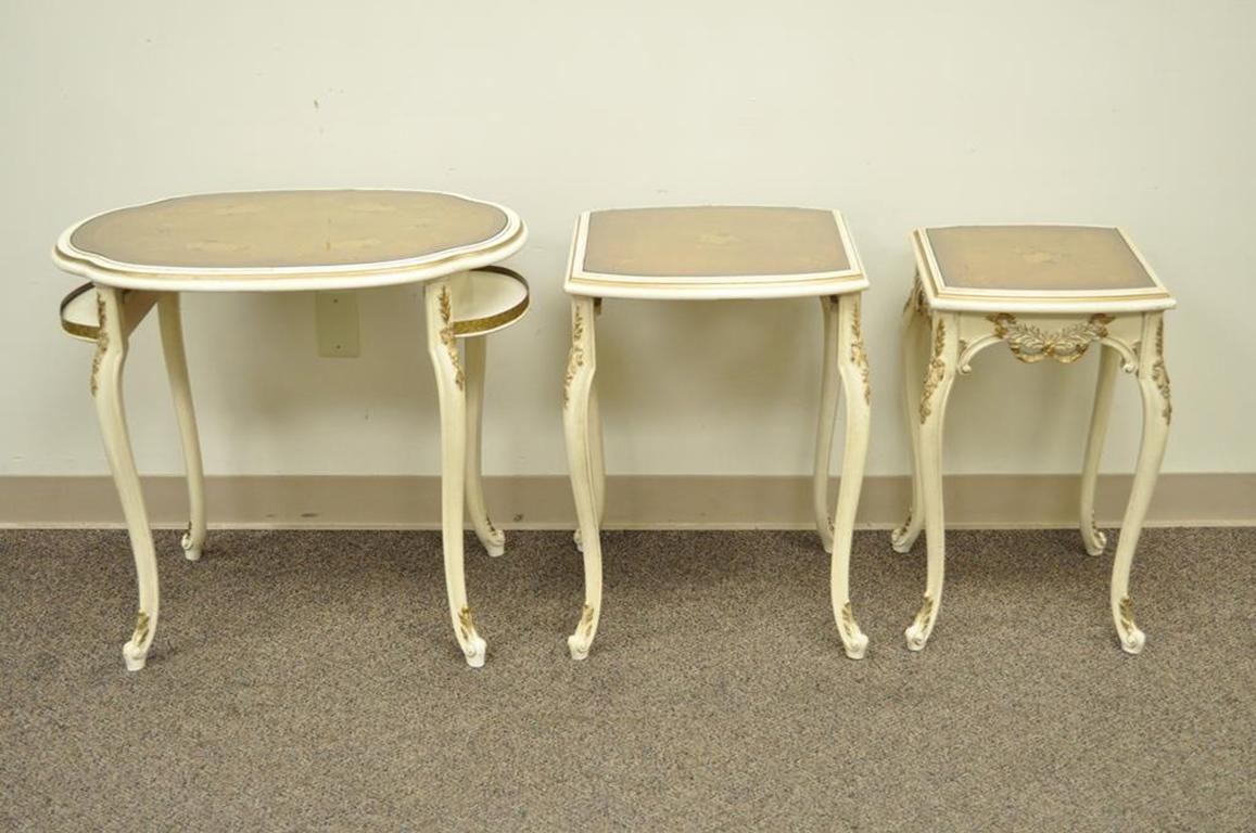 Three French Louis XV Carved Satinwood Inlaid Nest of Nesting Side Tables 5
