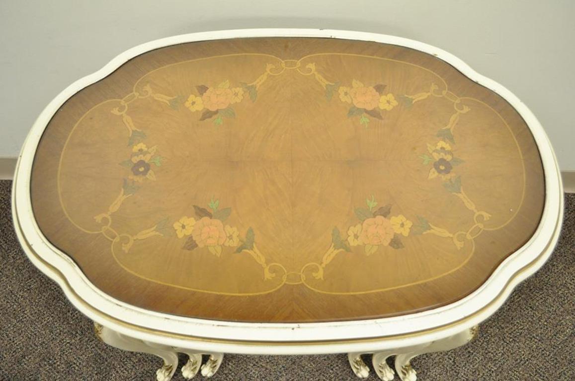 Louis XIII Three French Louis XV Carved Satinwood Inlaid Nest of Nesting Side Tables