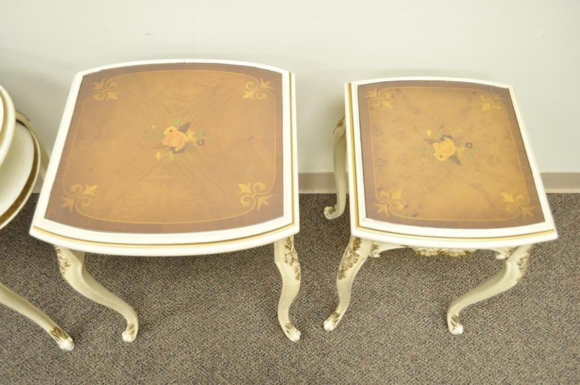 Three French Louis XV Carved Satinwood Inlaid Nest of Nesting Side Tables In Good Condition In Philadelphia, PA