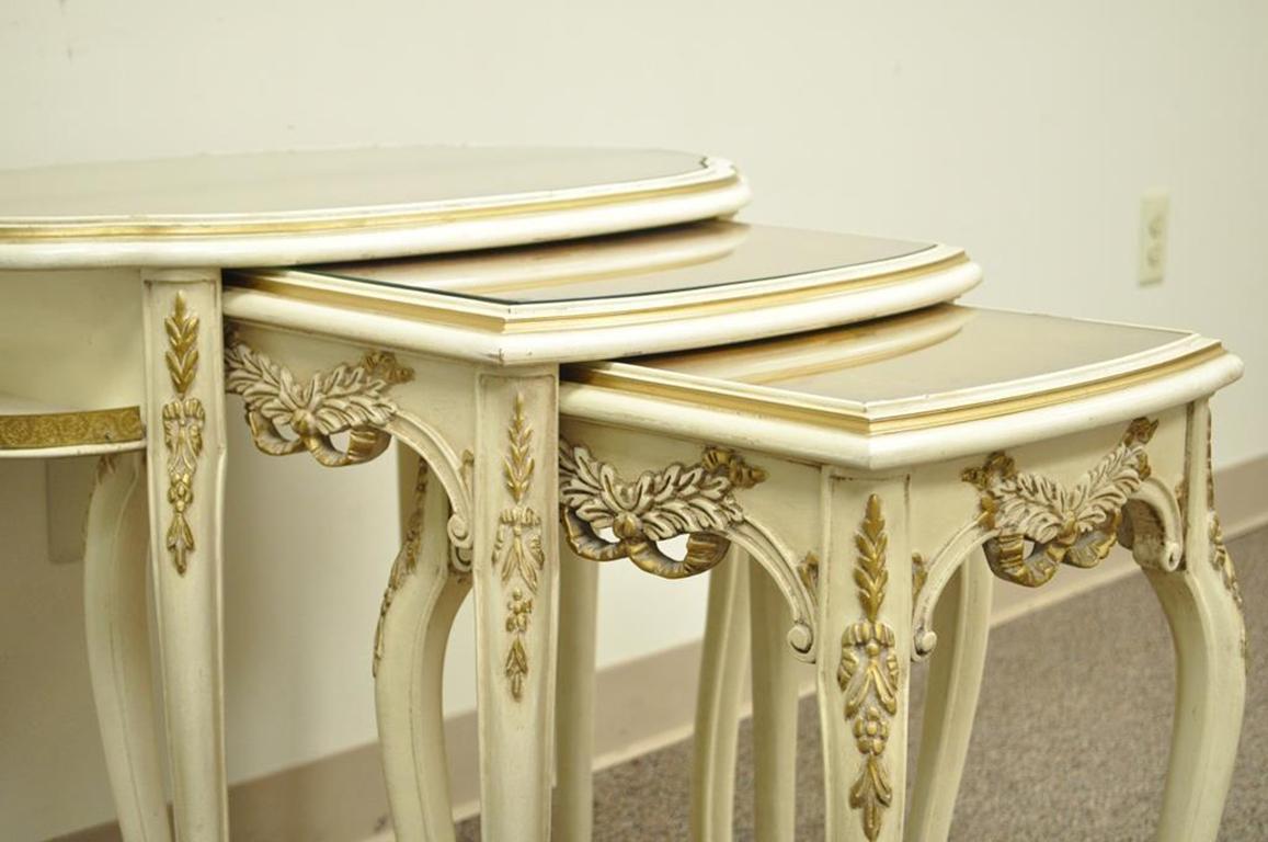 Wood Three French Louis XV Carved Satinwood Inlaid Nest of Nesting Side Tables