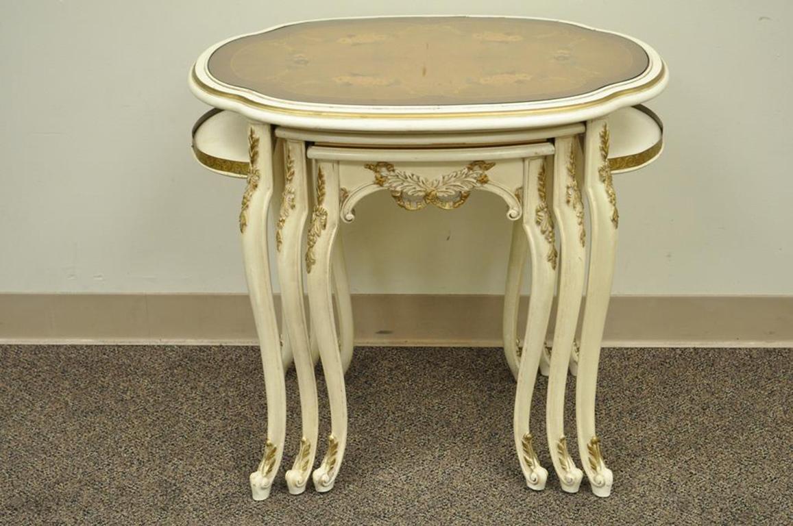 Three French Louis XV Carved Satinwood Inlaid Nest of Nesting Side Tables 2