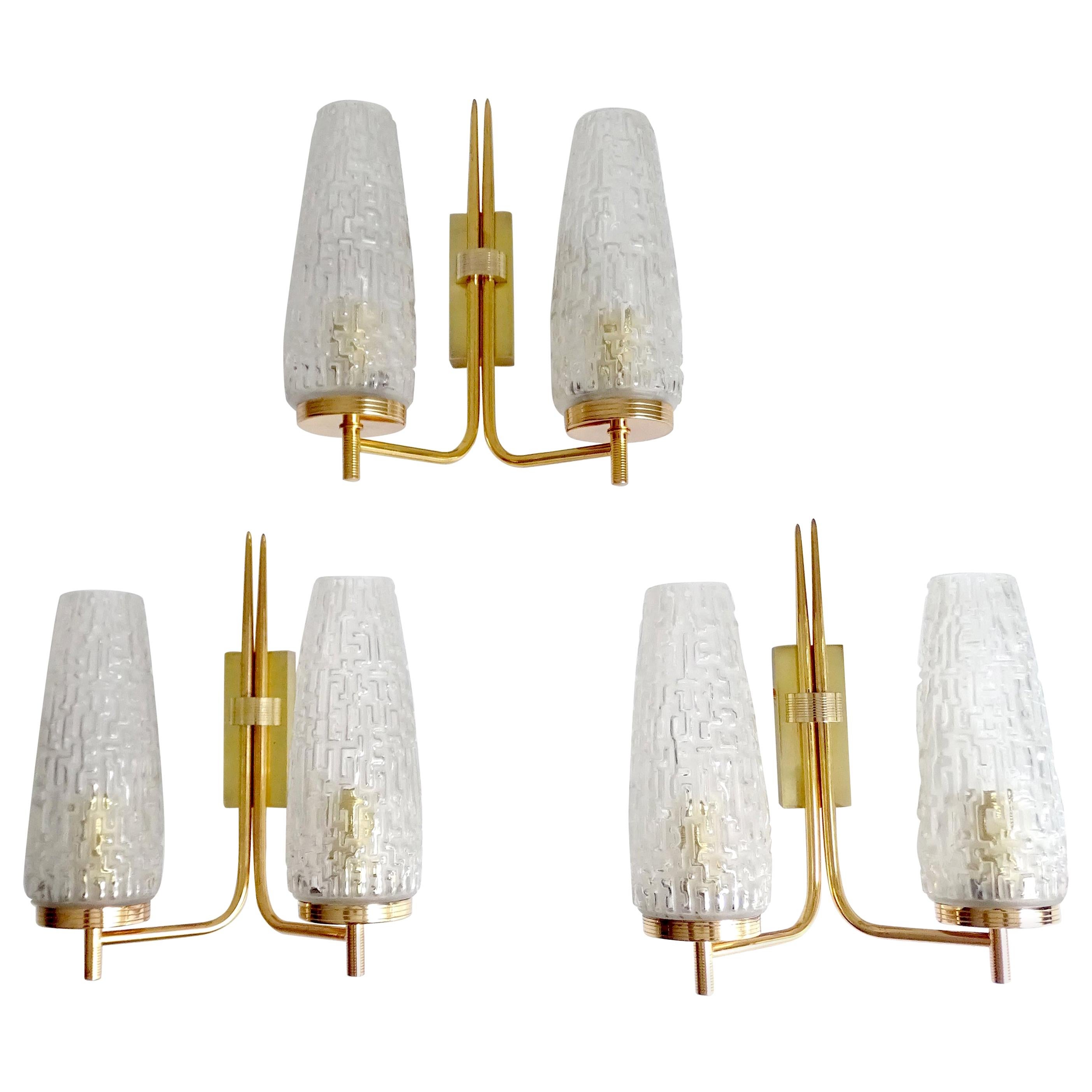  UNIQUE Set of  Sconces,  Arlus France, Glass Brass, Stilnovo Style For Sale
