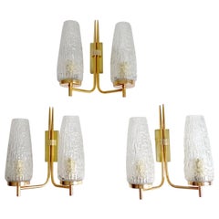  UNIQUE Set of  Sconces,  Arlus France, Glass Brass, Stilnovo Style