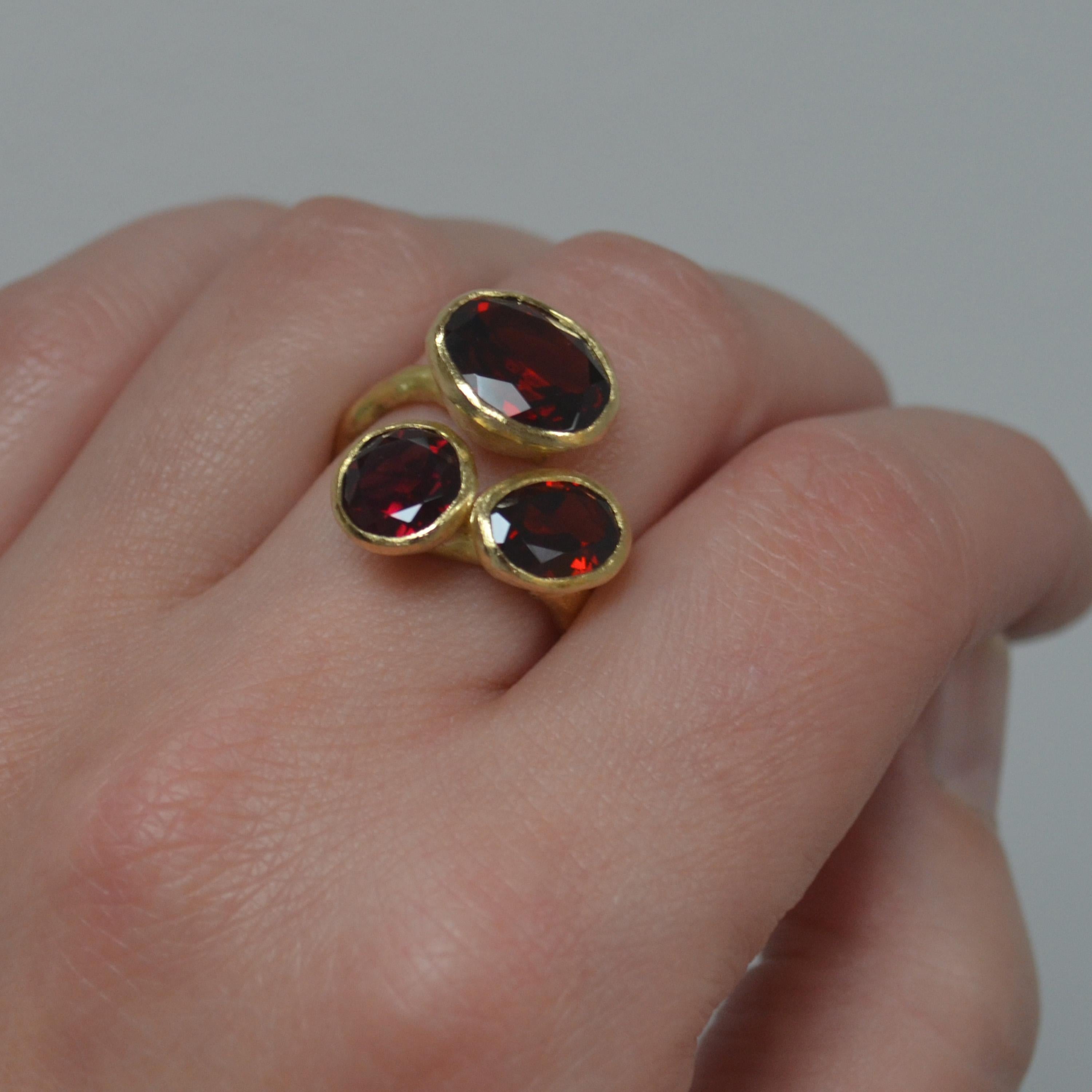 Three Garnet Cluster 18 Karat Gold Textured Ring Handmade by Disa Allsopp 4
