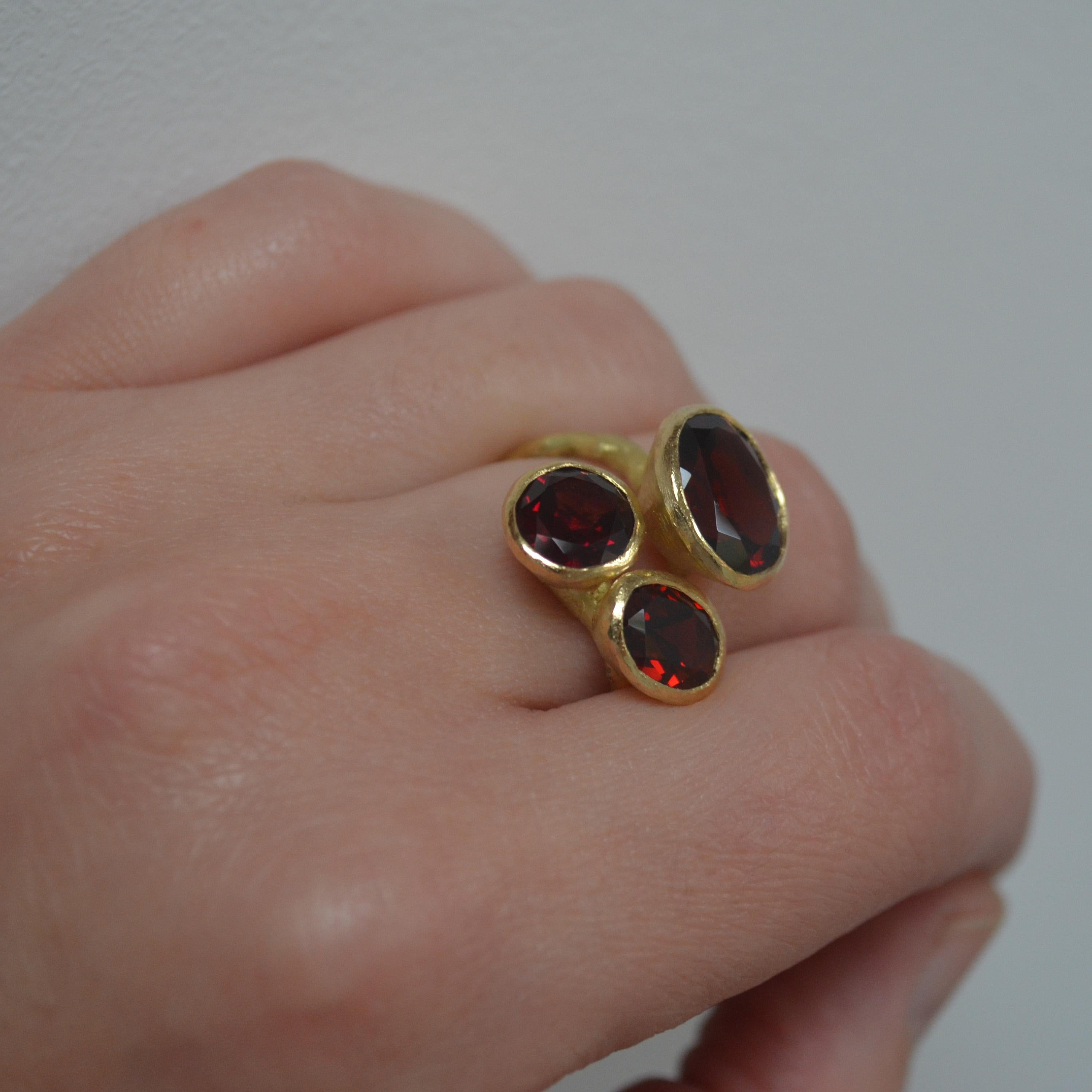 Three Garnet Cluster 18 Karat Gold Textured Ring Handmade by Disa Allsopp 3