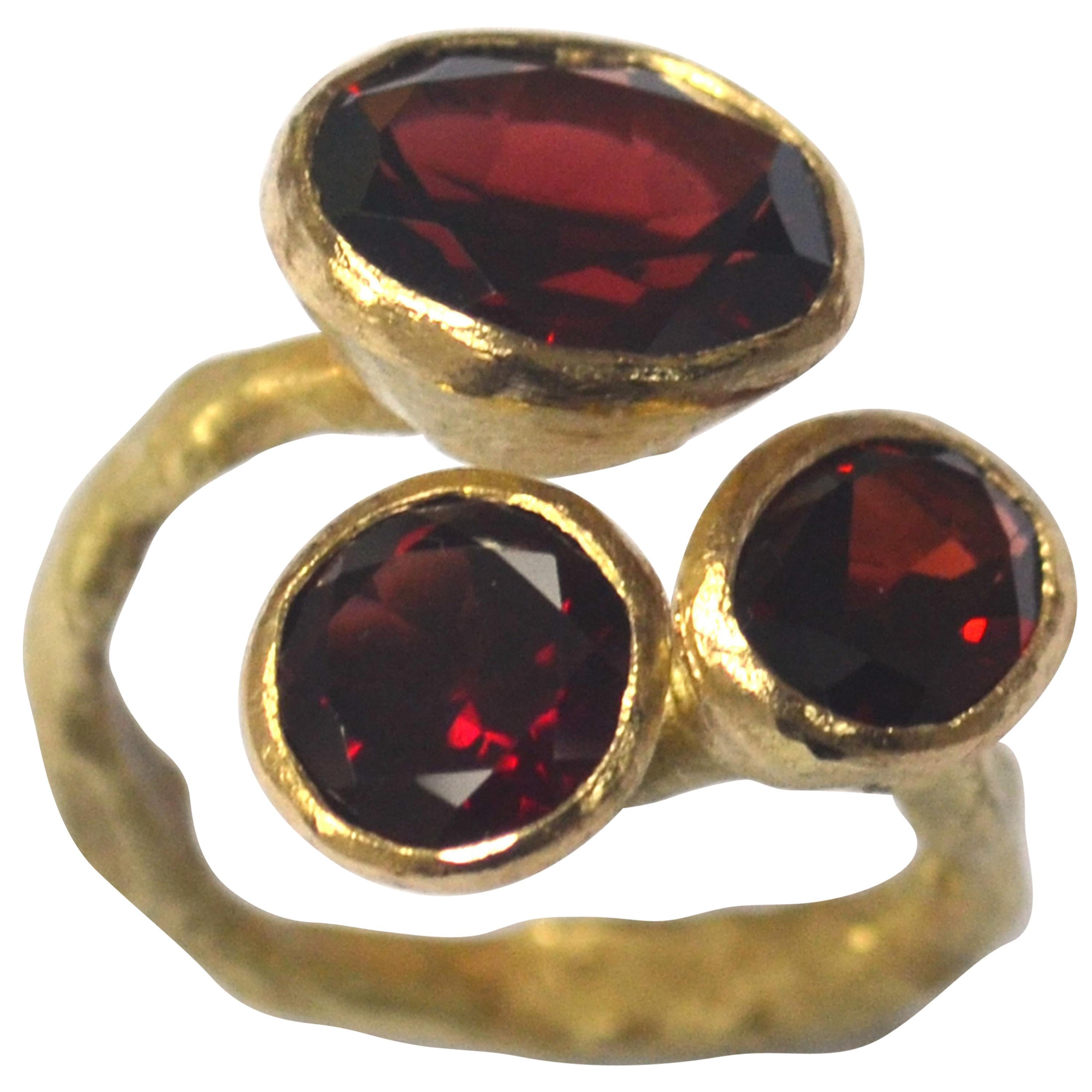 Three Garnet Cluster 18 Karat Gold Textured Ring Handmade by Disa Allsopp
