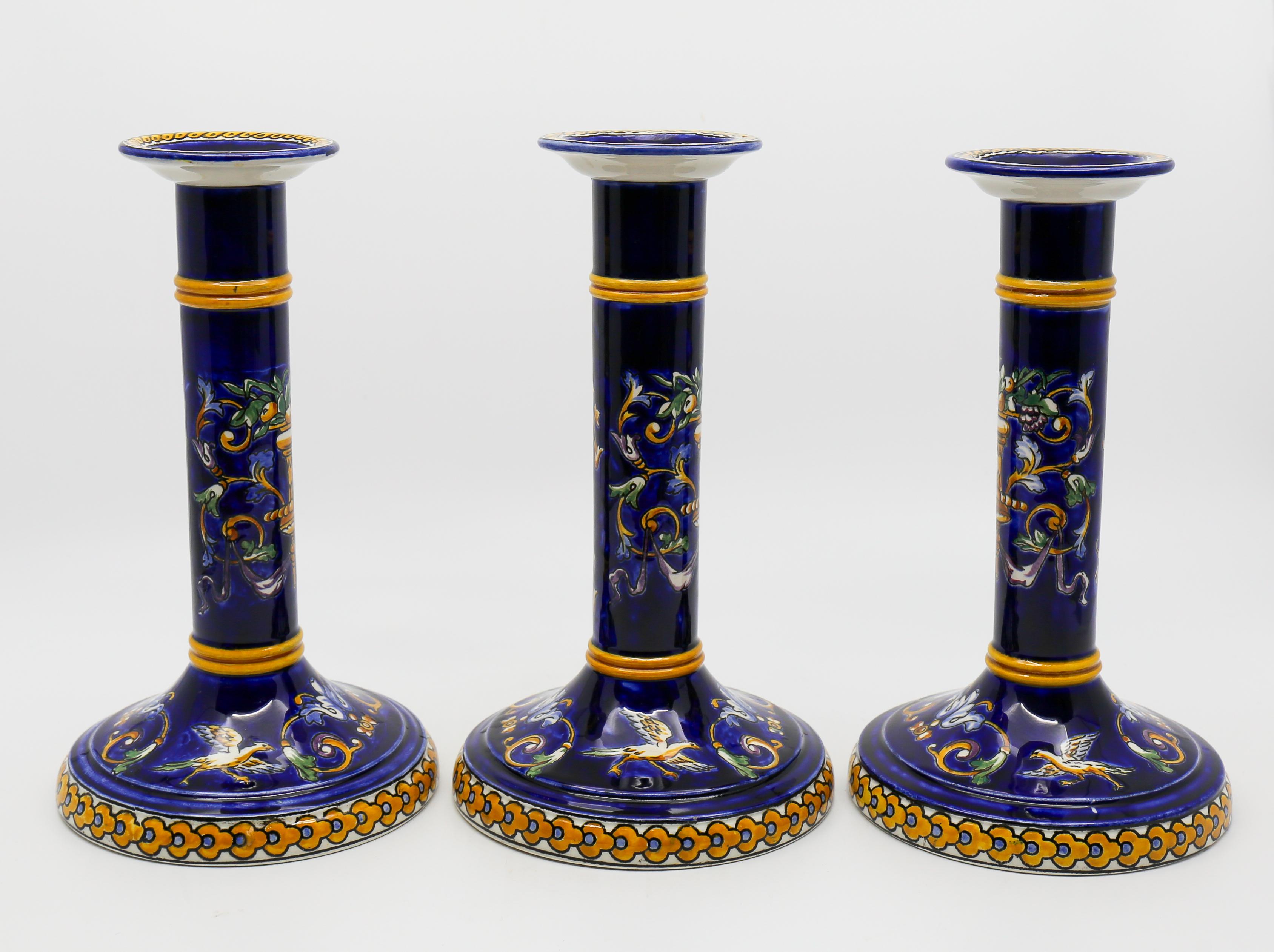 Painted Three Gien Porcelain Candlesticks For Sale