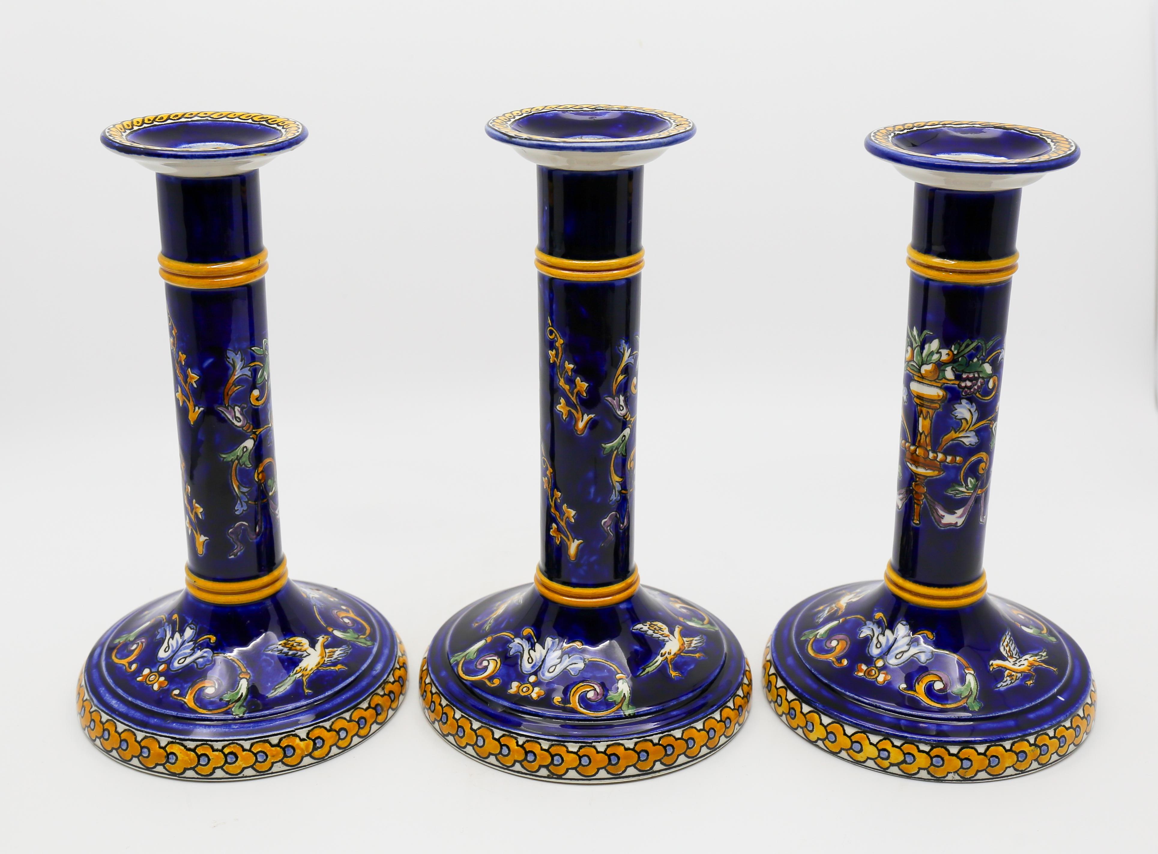 Three Gien Porcelain Candlesticks In Good Condition For Sale In Antwerp, BE